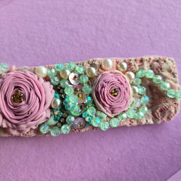 Handmade Romantic Pale Pink Rose and Embroidered Cuff Bracelet - Picture 3 of 7
